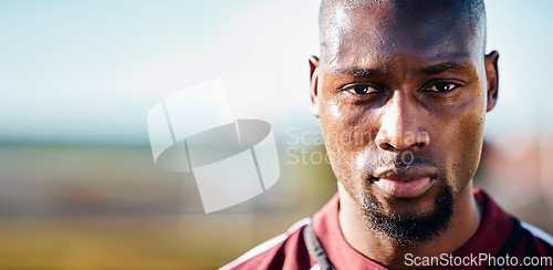 Image of Black man, athlete and face with focus, sport and fitness outdoor with mockup space, sweat and determined. Portrait, exercise and sports with training, mindset and motivation with workout in Jamaica