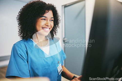 Image of Computer, nurse and black woman typing research for healthcare reports or telehealth. Medical, health and happy female physician or doctor with desktop for writing or online consultation in hospital