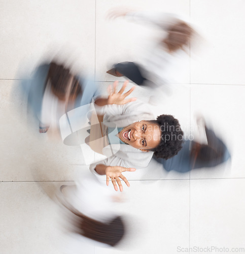 Image of Top view, black woman and busy office, stress and deadline with new project, leadership and burnout. Fast, African American female employee and manager with hectic schedule, frustration and anxiety