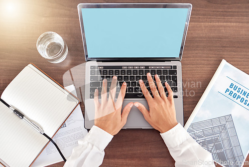 Image of Mockup, laptop and green screen with hands of person from above for planning, investment and review. Accounting, technology and overhead with employee for growth, savings and payment report in office