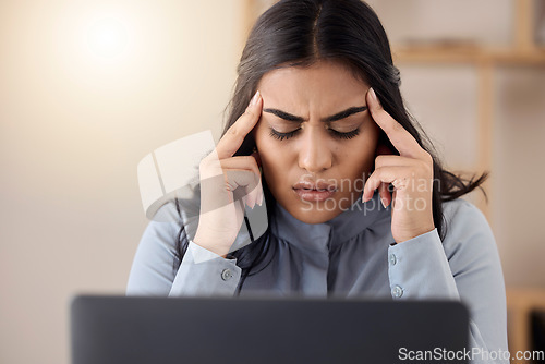 Image of Headache, stress or business woman in office with laptop for email crisis, financial debt or mental health. Depression, sad or girl employee on tech for work anxiety, audit or burnout from 404 glitch