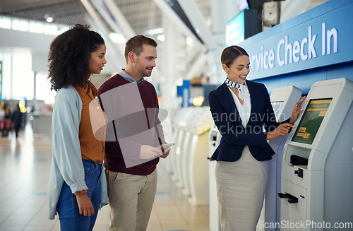 Image of Woman, service agent and couple at airport by self check in station for information, help or FAQ. Happy female passenger assistant helping travelers register, book air flight or ticket for departure