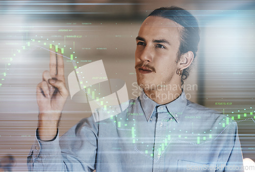 Image of Businessman, statistics overlay and night in office for financial goal, progress or market analysis for future. Man, 3d hologram chart or hands for growth, profit or data analytics for fintech vision