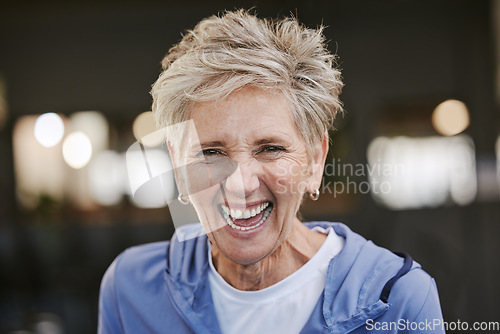 Image of Fitness, smile and portrait of old woman in gym for workout, health and exercise goals. Happy, training and wellness with face of senior lady laughing in sports studio for funny, retirement and joke