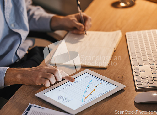 Image of Chart, planning and tablet with hands of business man for writing, data analytics and profit growth. Review, strategy and economy goal with employee reading digital graph for marketing statistics