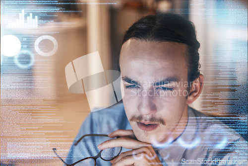 Image of Man, thinking and idea for digital marketing, advertising or corporate data and strategy in double exposure. Male employee contemplating business decision, analysis or company statistics on overlay