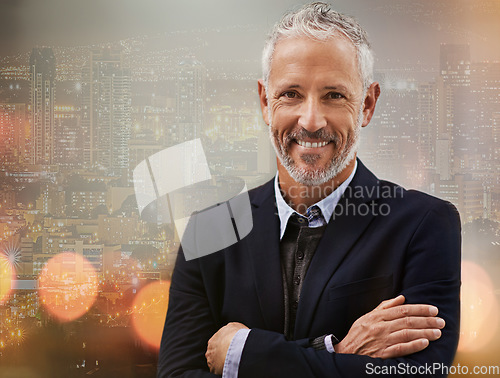 Image of Business man, CEO and smile in portrait with leadership, management and senior executive with urban overlay. Double exposure, happy person with arms crossed, vision and professional with mockup space