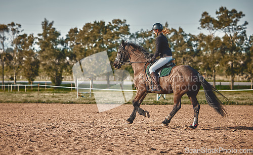 Image of Woman, equestrian training and horse ride with mockup in nature on countryside grass field. Animal, young jockey and farm of a rider and athlete with mock up outdoor doing saddle sports with horses