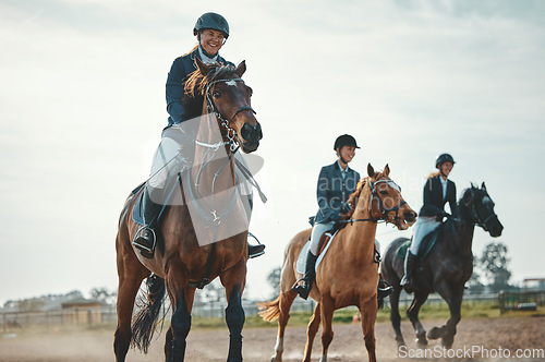 Image of Equestrian, horse riding and sport, women in countryside outdoor with rider or jockey, recreation and speed. Animal, sports and fitness with athlete, group and competition with healthy lifestyle