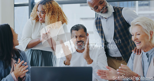 Image of Laptop applause or business people happy with success or winning digital marketing business deal. CEO, senior manager and excited employees meeting for good news, kpi goals or sales target in office