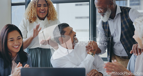 Image of Business employees, laptop and applause for success on stock market, crypto company target goals and team support in office. Happy teamwork, management motivation and celebrate corporate tech winner