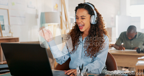 Image of Video call, customer service woman in a courier office for product consulting, sales negotiation or ecommerce. Logistics, customer support or business consultant laptop, headphones and shipping boxes