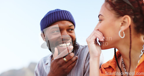 Image of Happy love, sky and couple communication on romantic outdoor date for fun, adventure and freedom. Peace, smile and relax black woman and gen z man talking in conversation, bond and enjoy quality time