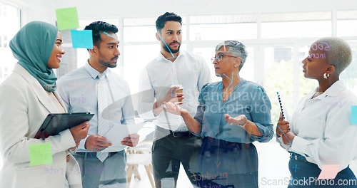 Image of Leadership, writing or business people with sticky notes for planning marketing SEO calendar, vision or mission. Teamwork, diversity or business woman in meeting for data analysis or strategy review