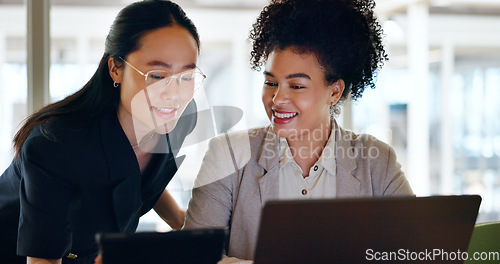 Image of Business, women and talking to employee with tablet, explain process and system update. Asian female, manager and consultant discussion, digital marketing and online planning for campaign schedule