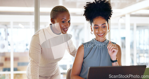 Image of Business, black woman and employee laptop for digital marketing, connection and conversation in workplace. Coworkers, female consultants and discussion for online system, reading and explain process