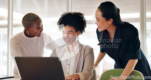 Image of Business, women and applause with laptop, celebration and website launch in workplace, project success and collaboration. Corporate, female employees and team clapping for happiness and partnership