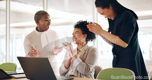 Image of Corporate, women and applause with laptop, achievement and teamwork for project success, business deal and workplace. Team, staff and female employees clapping for new contract and digital marketing