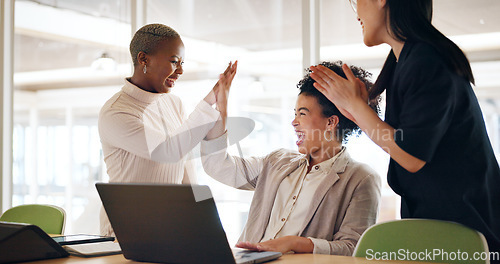 Image of Corporate, women and applause with laptop, achievement and teamwork for project success, business deal and workplace. Team, staff and female employees clapping for new contract and digital marketing