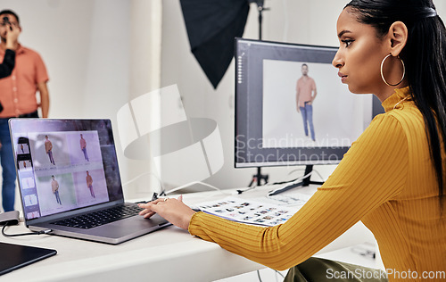 Image of Photography editing, creative process and woman working on web software for photo edit. Media, fashion photographer and photoshoot planning of a studio employee doing computer work for press