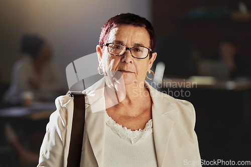 Image of Senior woman, portrait and corporate judge in court ready for management on law case. Elderly leader, business and corporate lawyer with blurred background with company mission and success vision