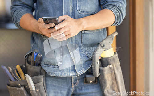 Image of Closeup, hands and man with smartphone, maintenance and research for instructions, deadline or schedule. Zoom, male or handyman with cellphone, social media or typing for connection or search on site