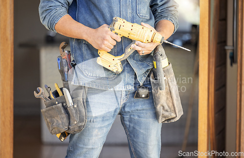 Image of Diy, man and drill for construction, building or home repair, renovation and improvement. Equipment, handyman and male ready for maintenance, architecture or design, creation and creative at home