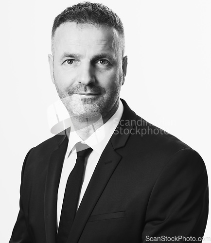 Image of Used to success. Confident young businessman adjusting his jacket and looking away while standing against grey background.