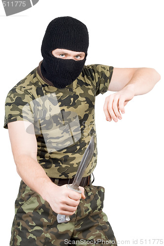 Image of The criminal with a knife in a black mask over white