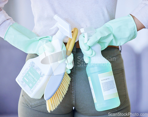 Image of Product, brush and woman, back with cleaning service and chemical spray for hygiene and disinfectant. Clean, liquid in bottle and female housekeeper, gloves for safety from bacteria and housekeeping