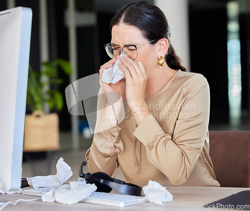 Image of Call center, woman and tissue at office, sick and sneezing by computer, headphones and microphone. Contact us, toilet paper and customer service expert with flu, covid and self care in workplace