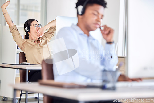 Image of Tired, yawn and call center woman in office for telemarketing, customer service and sales consulting. Lazy, sleepy and stretching female agent with burnout, fatigue and bored job at telecom help desk