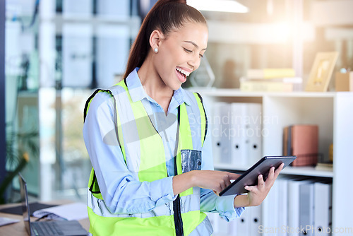 Image of Engineer, tablet and a woman in office for project management with internet connection for plan. Architect, construction or safety worker with engineering software app for planning checklist vision