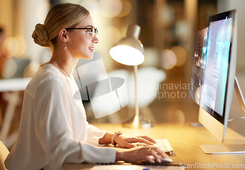 Image of Digital, cyber and woman on a computer with a hologram for web design, software and programming. 3d website, database and employee working on holographic coding as a programmer on a pc at work