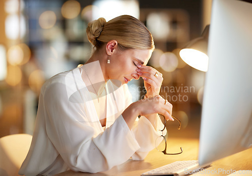 Image of Business woman, computer or headache in night office for finance planning stress, insurance crisis or stock market loss. Anxiety, migraine or pain for working late employee on technology 404 burnout