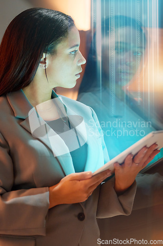 Image of Code overlay, business woman and tablet data of a it worker with crypto coding and programmer work. Information technology graphic, digital cybersecurity and 3d programming in a office on tech