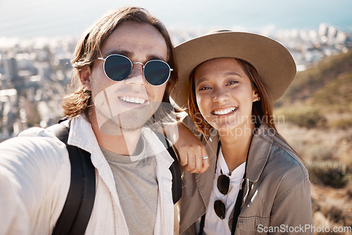 Image of Nature, selfie and couple hiking, fitness and workout for wellness, healthy lifestyle and romance. Portrait, man and woman on mountains, hikers or holiday for adventure, journey or happiness together