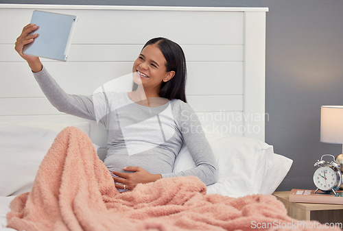 Image of Pregnant woman, tablet and video call in home bedroom happy for communication or online consultation. Person with wifi connection for gynecology telehealth, pregnancy update and talking about health