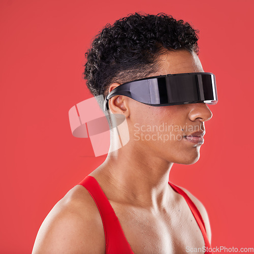 Image of Metaverse, virtual reality and black man with glasses for ai and future scifi and 3d gaming tech. Model person profile on red background for cyberpunk and digital transformation for cyber world vr ux