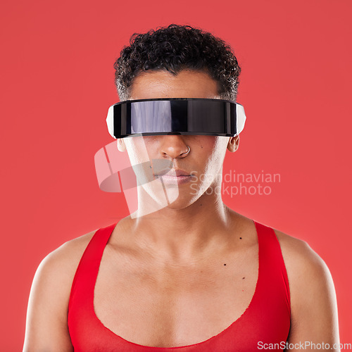 Image of Black man, metaverse and virtual reality glasses for futuristic scifi 3d gaming technology. Gay person portrait on red background for cyberpunk and digital transformation for cyber world ar or vr ux