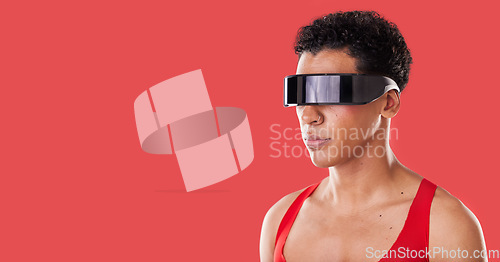 Image of Metaverse, vr glasses and black man with mockup for ai futuristic scifi and 3d gaming technology. Person profile on red background for cyberpunk, sci fi and augmented reality for cyber world ux space