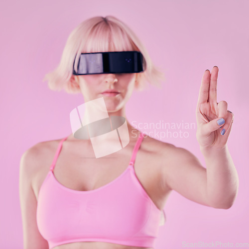Image of Metaverse, virtual reality glasses and a woman with hand for future scifi and ai 3d gaming technology. Model person on a pink background for cyberpunk and digital transformation for cyber world vr ux
