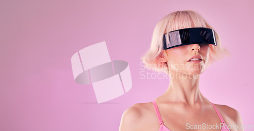 Image of Glasses, virtual reality and a woman in metaverse for mockup future scifi and 3d gaming technology. Model person on a pink background for cyberpunk and digital transformation for ai cyber world vr ux