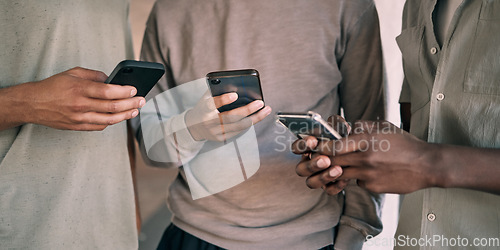 Image of Man, hands and phone of people networking on social media, mobile app or chatting together. Hand of men holding smartphone texting or typing for online network share, data sync or communication