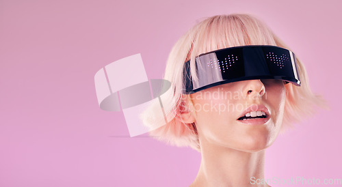 Image of Virtual reality, metaverse and a woman with glasses for ai and future scifi 3d gaming mockup technology. Face of person on pink background for cyberpunk and wow digital transformation cyber world ux