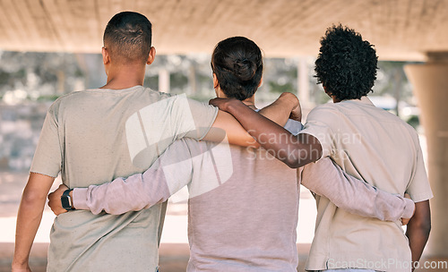 Image of Back, men and friends hug, fitness and bonding after training, workout or exercise for wellness. Males, athletes or guys embrace, support or team with solidarity, healthy lifestyle or group activity