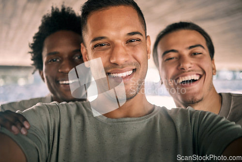 Image of Man, friends and portrait smile for selfie, vlog or profile picture together for social media post. Happy men smiling for photo memories, picture moment or partnership in happiness for friendship