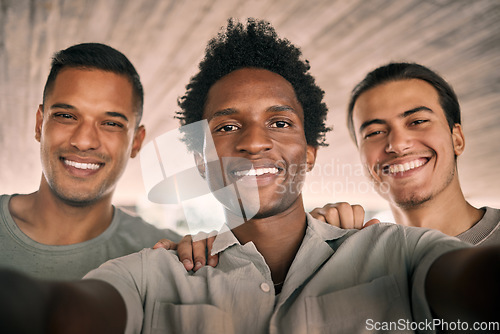 Image of Black man, friends and portrait smile for selfie, vlog or profile picture together for social media post. Happy men smiling for photo memories, picture moment or partnership in friendship happiness