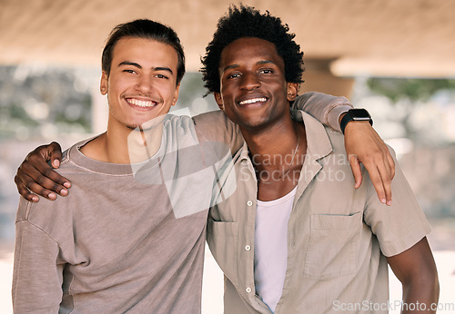 Image of Friends, portrait and men outdoor with hug and together, relax and happy with diversity, smile and freedom. Friendship, care and bonding with solidarity, support and young people with bond and trust