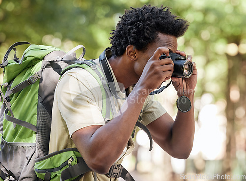 Image of Fitness, black man and hiking with camera, forest and tourism in nature, capture moment and wilderness. African American male, hiker and tourist taking pictures, exercise and walking in mountains